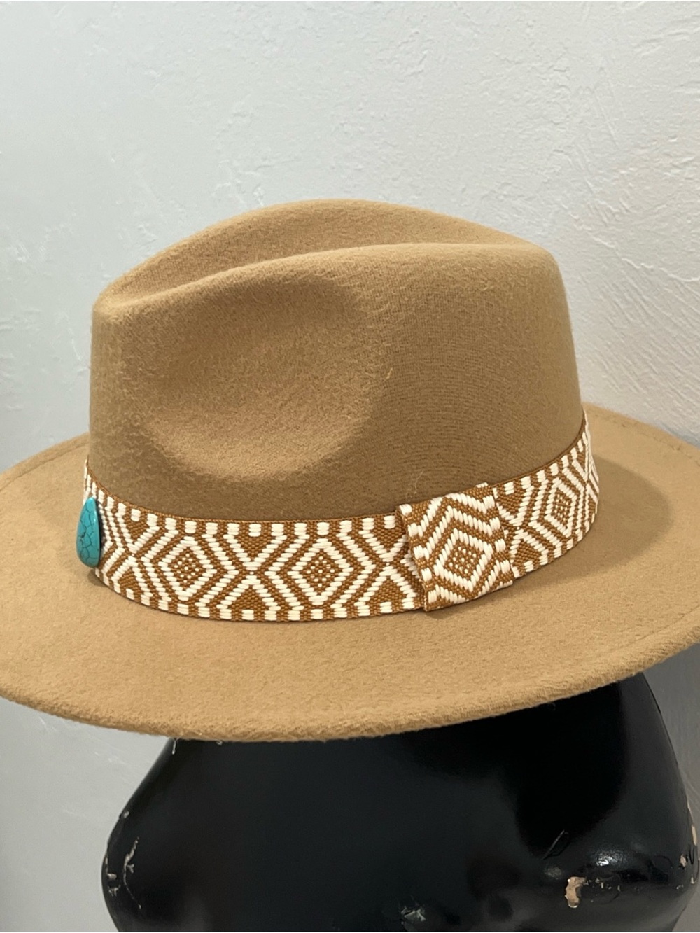 Tan Felt Fedora with Woven Band and Turquoise Accent - Picture 6 of 8